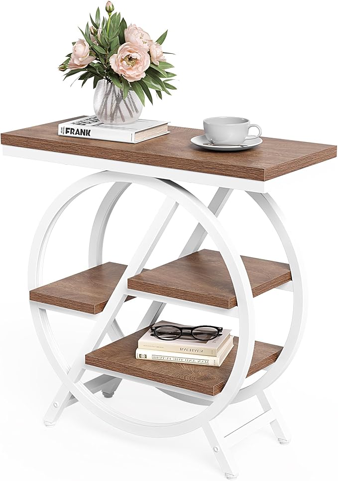 LITTLE TREE End Table, Set of 2 Narrow Side Table with 4-Tier Large Storage Space, Modern Bedside Table for Living Room, Home Office, Bedroom, Brown and White