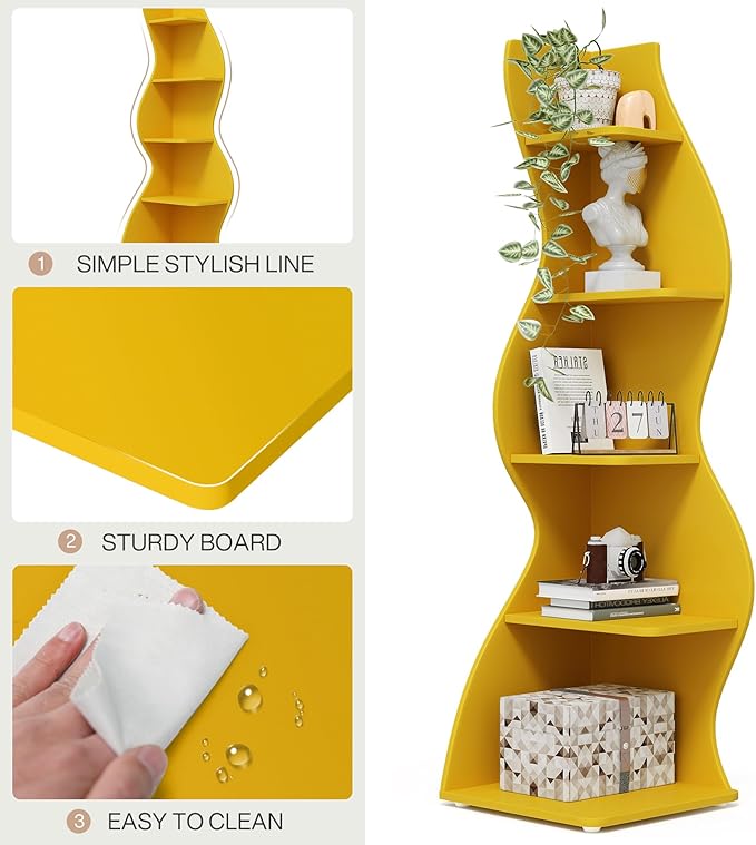 Tribesigns Corner Shelf, Modern 5-Tier Wall Corner Bookshelf, Stylish Corner Small Bookcase Storage Rack Plant Stand with Unique Shape for Living Room, Home Office (Yellow, 1PC)