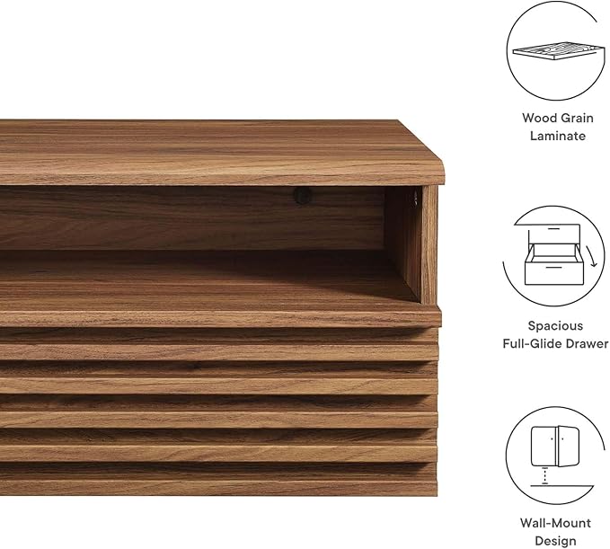 Modway Render Mid-Century Modern, Wall-Mount Nightstand, Walnut