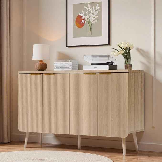 47.2" Modern Fluted Sideboard Cabinet with 4 Doors, Wood Storage Credenza with Shelves, Multi-Purpose Buffet Cabinet for Entryway, Dining & Living Room, Natural Wood