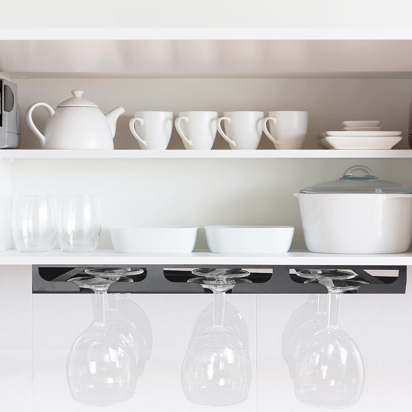 Wine Glass Rack - Under Cabinet Stemware Wine Glass Holder Glasses Storage Hanger Metal Hanging Organizer for Bar Kitchen 3 Rows Black