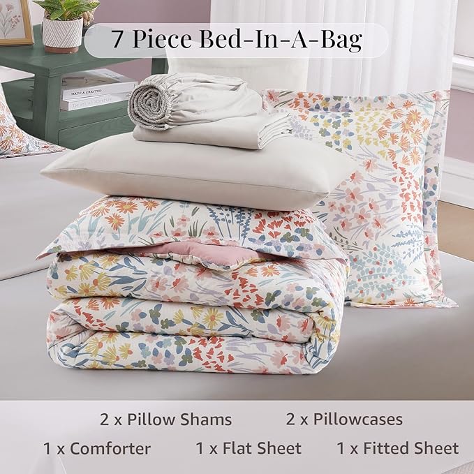 CASAAGUSTO Queen Comforter Set, 7 PCS Pinkish Floral Comforter Set with Flowers Leaves Pattern, Soft Seersucker Design All Season Queen Size Bedding Set(80"X90")