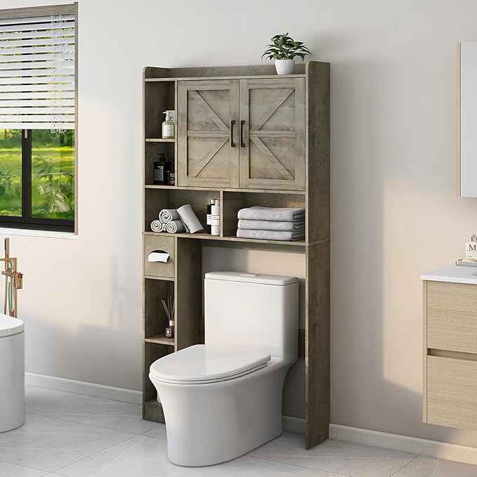Vabches Over The Toilet Storage Cabinet, Farmhouse Storage Cabinet Over Toilet with 2 Barn Door & Toilet Paper Holder Stand,Home Space-Saving Toilet Rack, for Bathroom, Restroom, Laundry