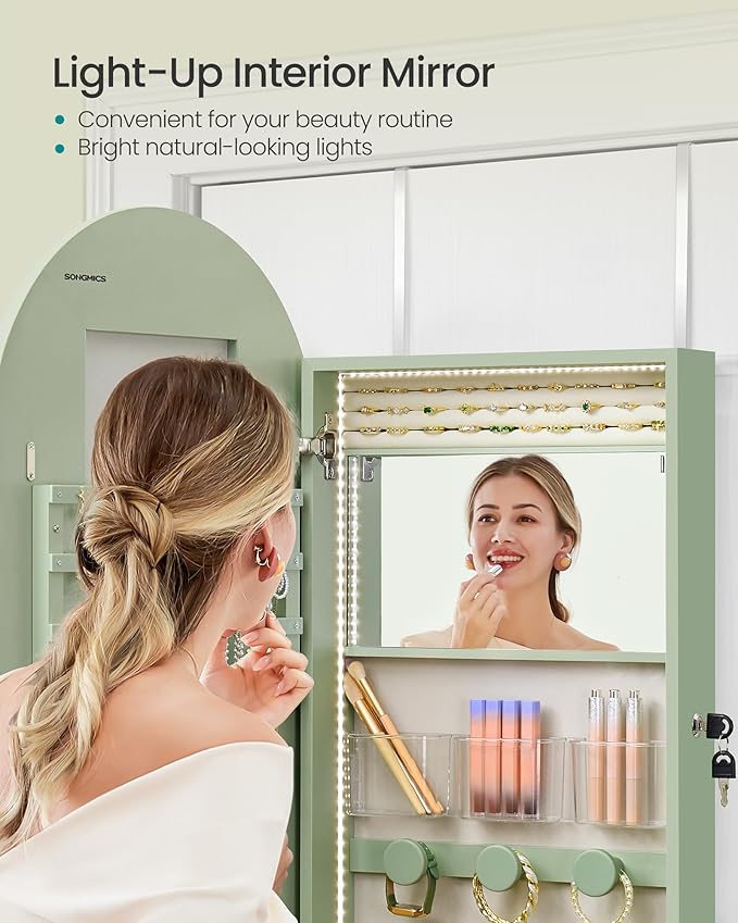 SONGMICS Wide Jewelry Organizer, LED Jewelry Cabinet Wall/Door Mounted, Arched Mirror with Storage, Lockable, Rounded Corner, Interior Mirror, 3.9 x 16.5 x 42.5 Inches, Laurel Green UJJC020C01S