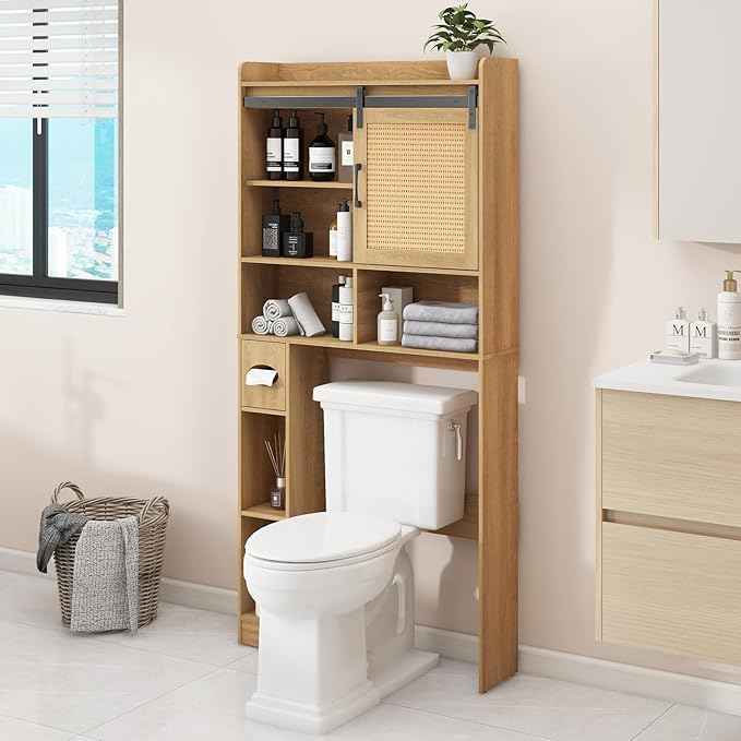 Over The Toilet Storage Cabinet, Farmhouse Rattan Storage Cabinet Over Toilet with Sliding Doors & Toilet Paper Holder Stand, Home Space-Saving Toilet Rack, for Bathroom, Laundry(Rattan Oak).