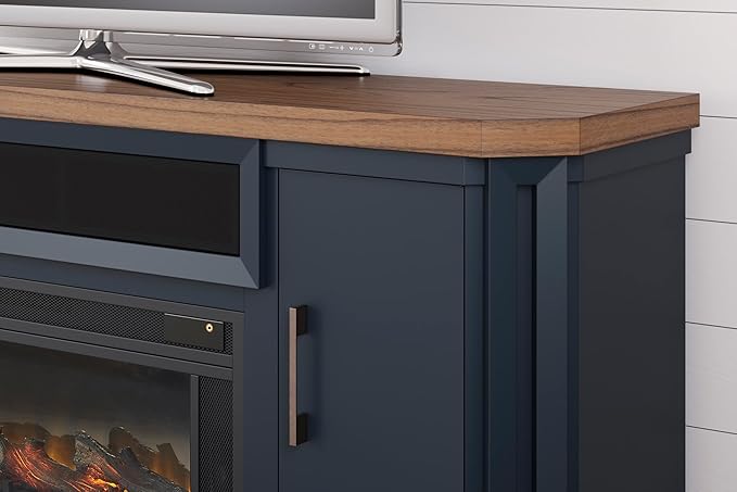 Signature Design by Ashley Landocken Contemporary 83" TV Stand with Electric Fireplace for TVs up to 95", Blue & Light Brown