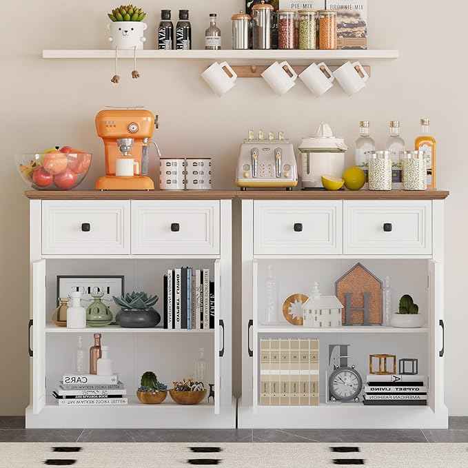 Vabches Farmhouse Buffet Sideboard with Drawers, Wood Pantry Cabinet with Storage, Rustic Storage Cabinet with Adjutable Shelf and Barn Door for Kitchen, Dining Room, Living Room, White