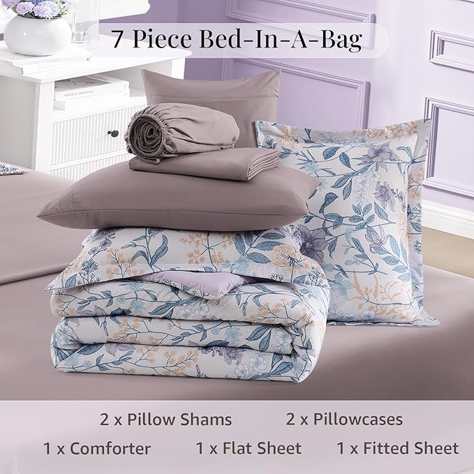 CASAAGUSTO King Comforter Set, 7 PCS Purple Iris Floral Comforter Set with Flowers Leaves Pattern, Soft Seersucker Design All Season King Size Bedding Set(102"X90")