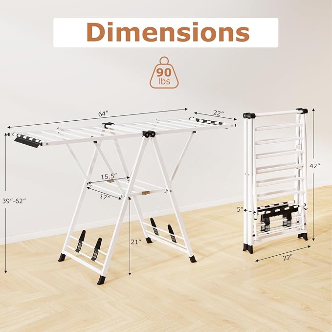 Giantex Clothes Drying Rack, Foldable Metal Laundry Drying Rack with Height Adjustable Wings, 16 Drying Rails, Sock Clips & Shoe Racks, Freestanding Clothing Stand for Indoor & Outdoor, White