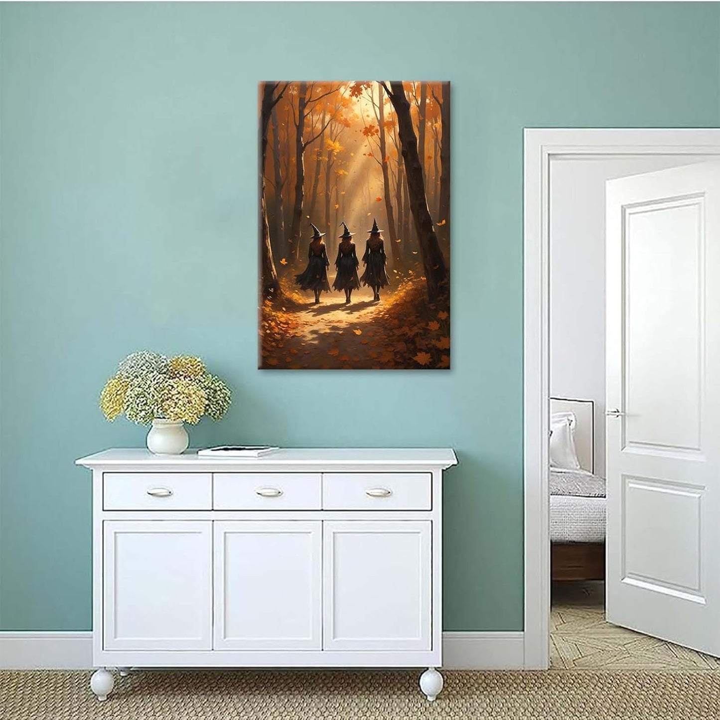 Three witches walking in the forest in autumn canvas painting gothic poster halloween print country witch wall art for home decoration8x12in Wood Framed