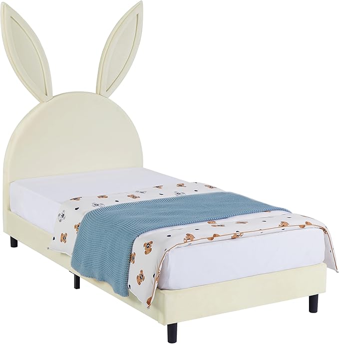 VECELO Twin Size Bed Frame with Storage Organizer, Heavy-Duty Platform with Rabbit Shaped Headboard for Girls Kids Room, Easy Assembly, Beige