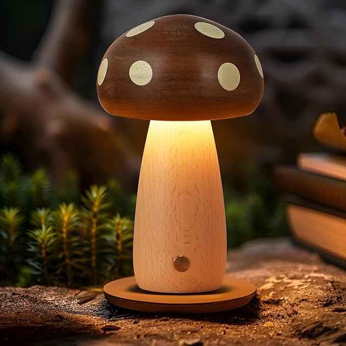 2 Pack LED Wood Mushroom Table Lamp, Rechargeable Cordless Touch Bedside Small Lamps, Wireless Stepless Dimming Night Light, Portable Battery Lamp for Bedroom Nightstand for Birthday Gifts
