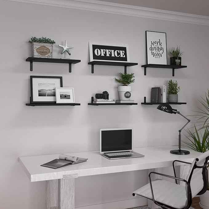 WOPITUES Wood Floating Shelves Set of 6, Shelves for Wall Decor, Farmhouse Shelf for Bedroom, Bathroom Storage Shelves, Book Shelves for Living Room-Black