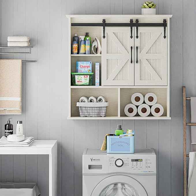 Vabches Bathroom Wall Cabinet, Farmhouse Medicine Cabinet with Double Sliding Barn Door and Adjustable Shelves, Wooden Vintage Storage Cabinet Wall Mounted for Bathroom, Kitchen Dining, White