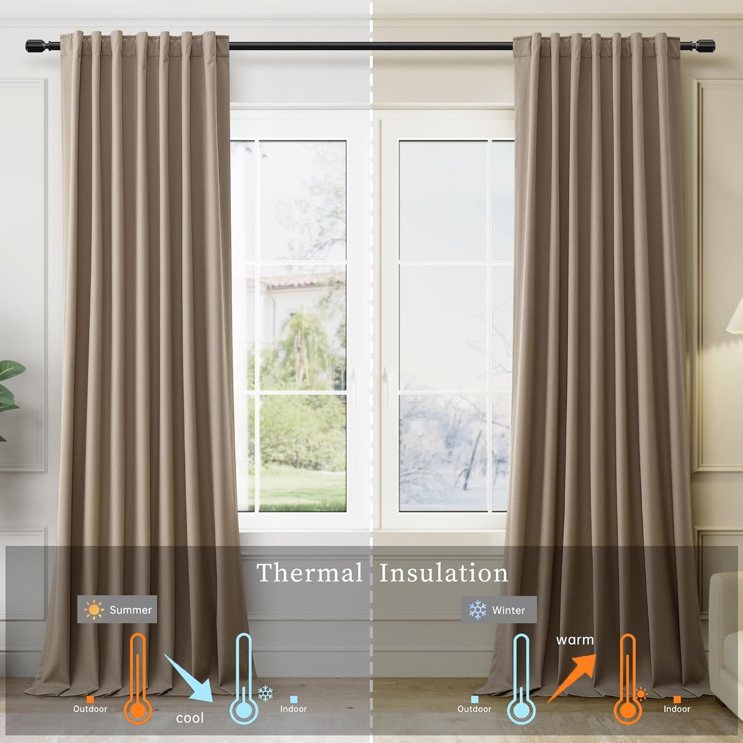 BOODII Room Darkening Curtains Light Brown Black Out Curtains 96 Inches Long 2 Panel Set Back Tab Neutral Linen Curtain for Sliding Door Modern Farmhouse Living Room Blackout Drapes Soundproof 52x96