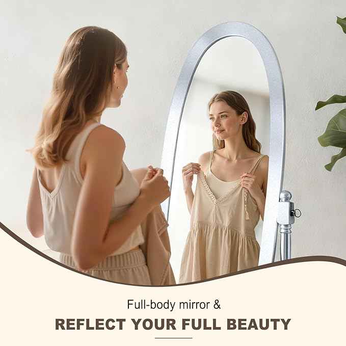 Full Length Mirror with Stand, Vintage Style Wood Floor Cheval Mirror, Traditional Adjustable Free Standing Mirrors Full Length (Silver)