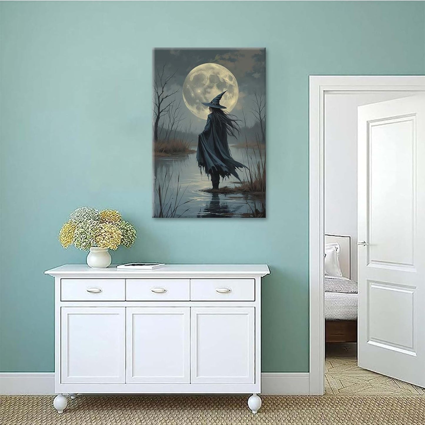 JFHCQJPK Witch in the moonlight magic canvas wall art enchanting Halloween home decor swamp witch silhouette oil painting mysterious gothic aesthetic wall decor print poster20x30in Frameless