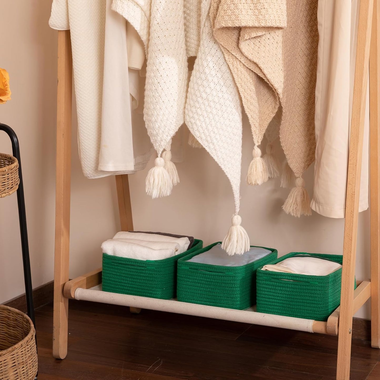 3 Pack Small Storage Baskets for Organizing, Cute Woven Decorative Gift Baskets for Shelves, Mini Closet Organizer Bins with Handles, 11.81''Lx7.87''Wx4.72''H-Green