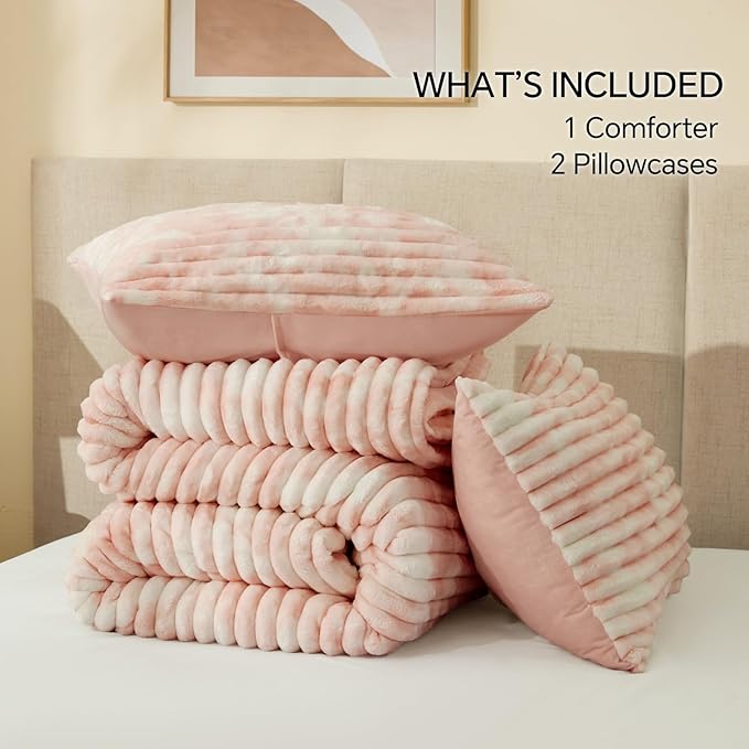BEDELITE Fleece Full Comforter Set -Super Soft & Warm Fluffy Pink&White Bedding, Luxury Fuzzy Heavy Bed Set for Winter with 2 Pillow Cases