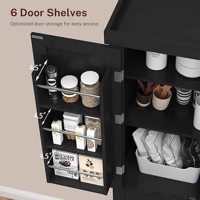 Iwell 72” Kitchen Pantry Cabinet, Tall Storage Cabinet with 6 Hanging Shelves and Adjustable Shelves, Freestanding Cupboard with 4 Doors and 1 Drawer for Kitchen, Dining Room,Living Room, Black