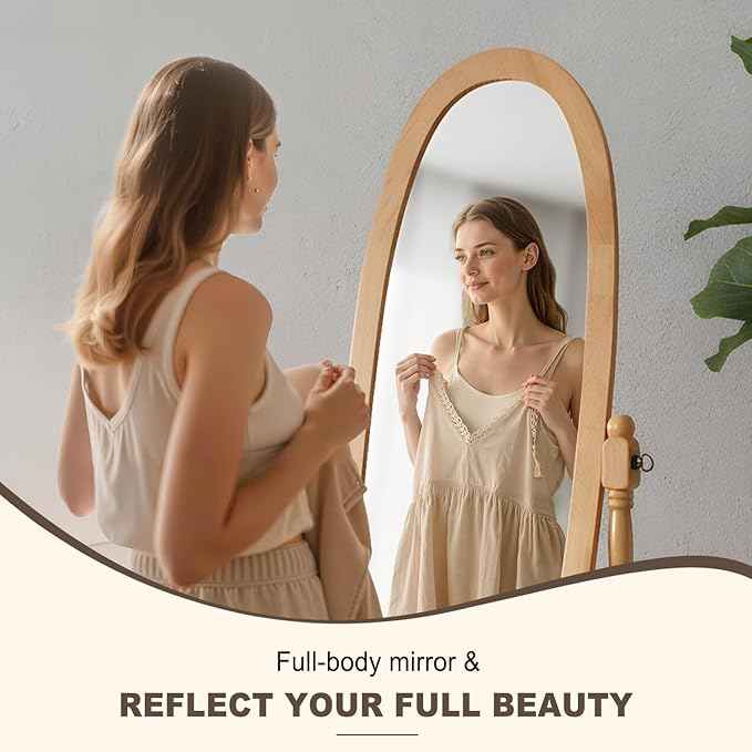 Full Length Mirror with Stand, Vintage Style Wood Floor Cheval Mirror, Traditional Adjustable Free Standing Mirrors Full Length (Oak)