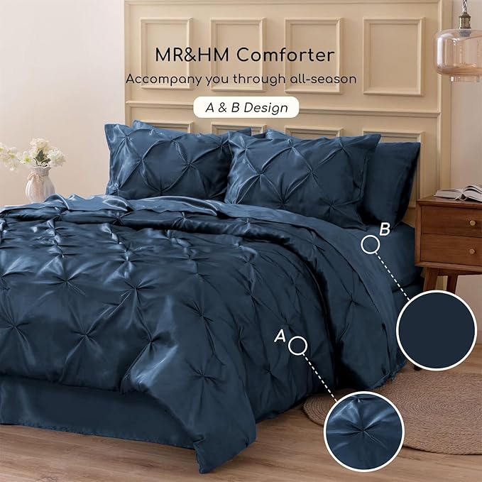 MR&HM Satin Comforter King 7 Pieces - Luxurious Pinch Pleat Bedding Set with Comforter, Flat Sheet, Fitted Sheet, Pillowcases & Shams, Super Silky Soft Bed Set for All Season (King, Mood Indigo)