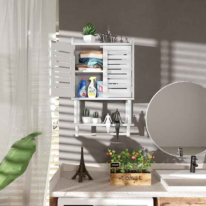 AmazerBath Bathroom Wall Cabinets, Bamboo Medicine Cabinets with Towel Bar, Hanging Over The Toilet Storage Cabinet with Adjustable Shelves, Organizer Cabinet for Small Spaces, 8.3x16.5x26.6 Inches