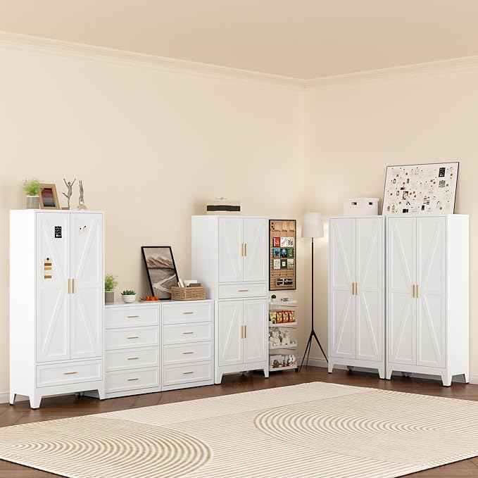 COFaR Metal Storage Cabinet, Farmhouse Storage Cabinet with 2 Doors and 4 Adjustable Shelves - 71" White Kitchen Pantry Storage 5-Tier Tall Steel Cabinets Locker for Kitchen, Living Room, Dining Room