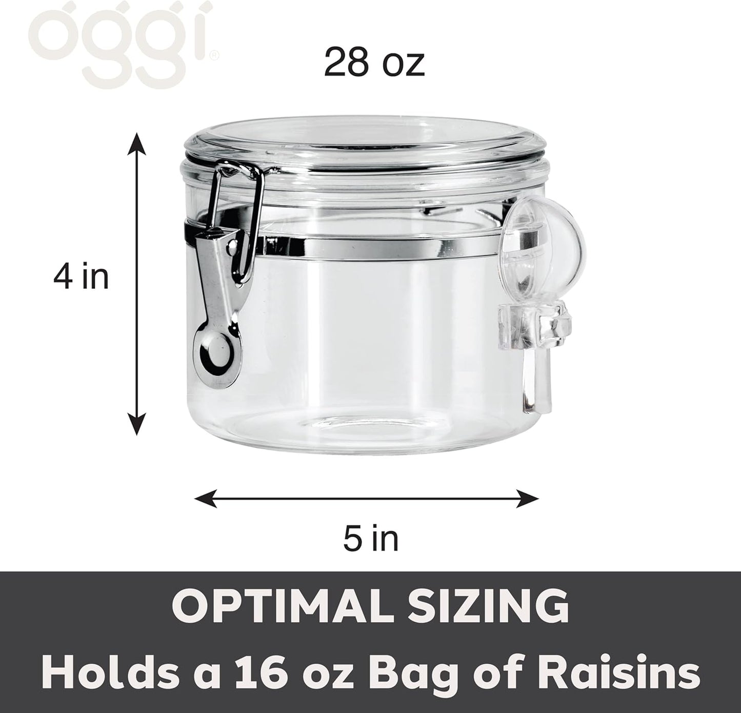 OGGI Clear Canister Airtight 28oz - Clamp Lid & Spoon - Airtight Food Storage Containers, Ideal for Kitchen & Pantry Storage of Bulk, Dry Food Including Flour, Sugar, Coffee, Rice, Tea, Spices & Herbs