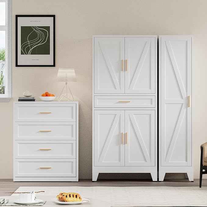 COFaR 71" Tall Kitchen Pantry, Farmhouse Storage Cabinet with Doors and Shelves, Metal Cabinet with Drawers and Legs, for Cupboard/Dining Room/Bathroom/Living Room/Office/Laundry Room (White).