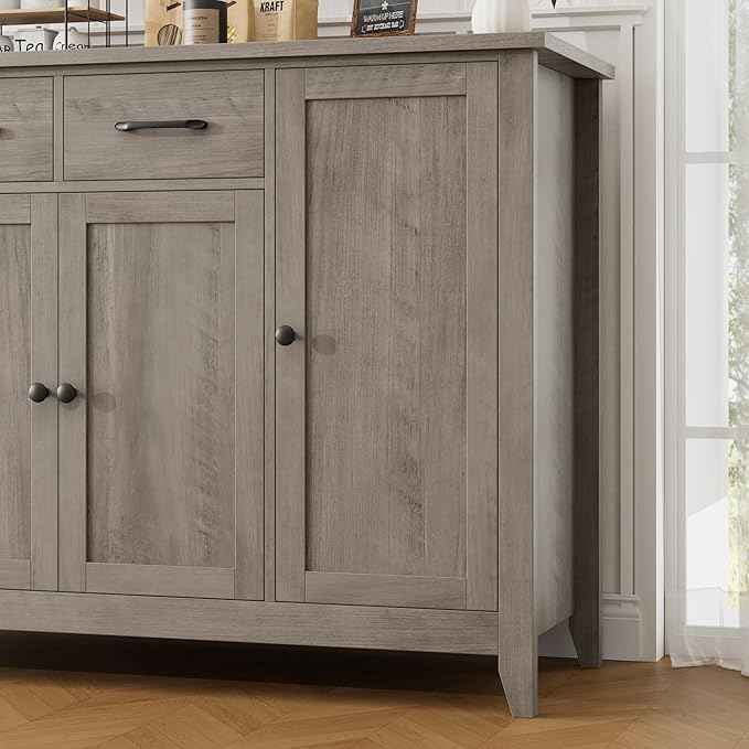 HORSTORS 55" Buffet Cabinet with Storage, Kitchen Buffet Sideboard with Drawers, Large Storage Cabinet with Doors and Shelves, Modern Farmhouse Coffee Bar for Kitchen, Dining Room, Living Room, Grey