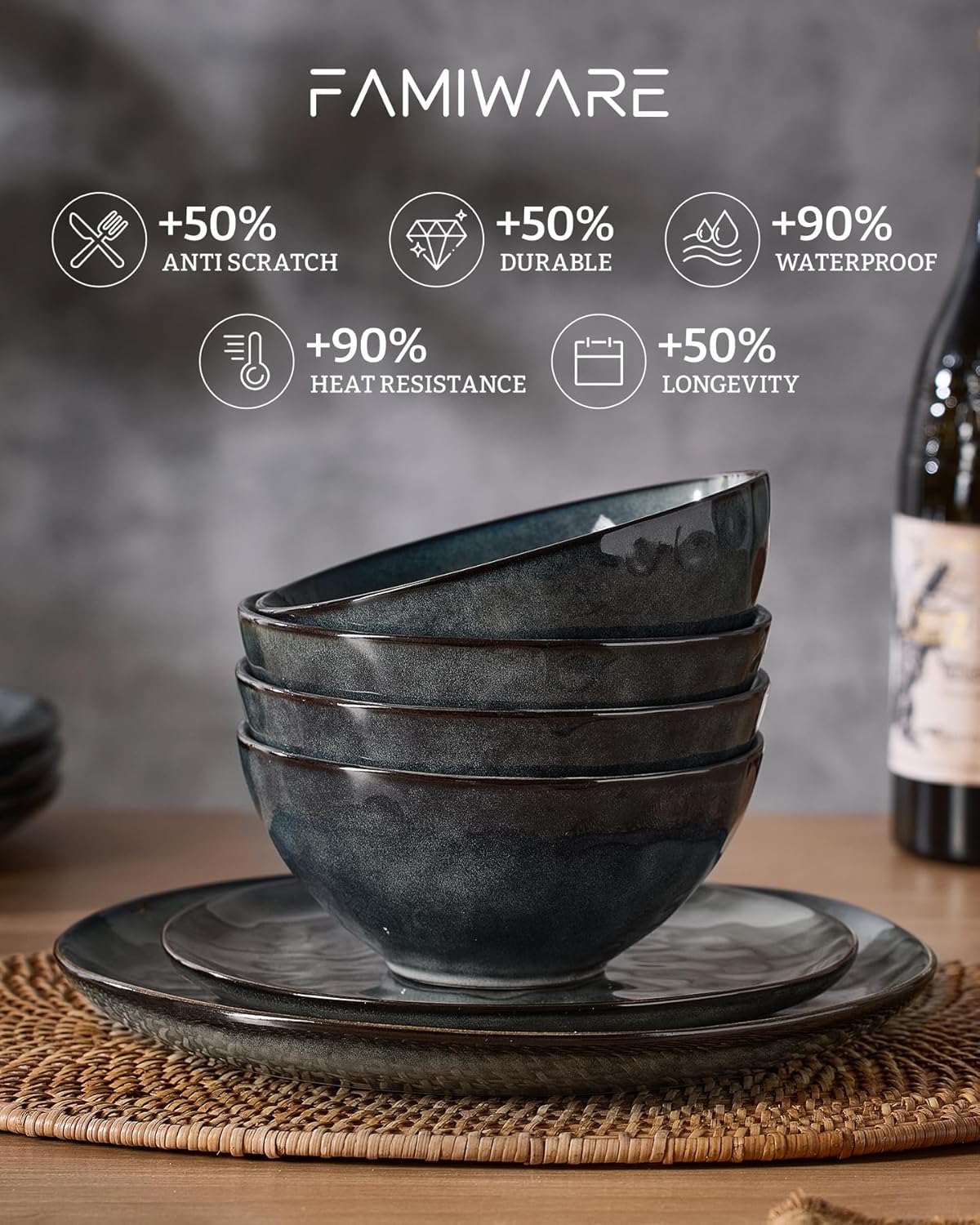 Famiware Ocean Round Plates and Bowls Set, 18 Pieces Dinnerware Sets, Dishes Set for 6, Reactive Glaze, Microwave and Dishwasher Safe, Scratch Resistant, Deep Forest