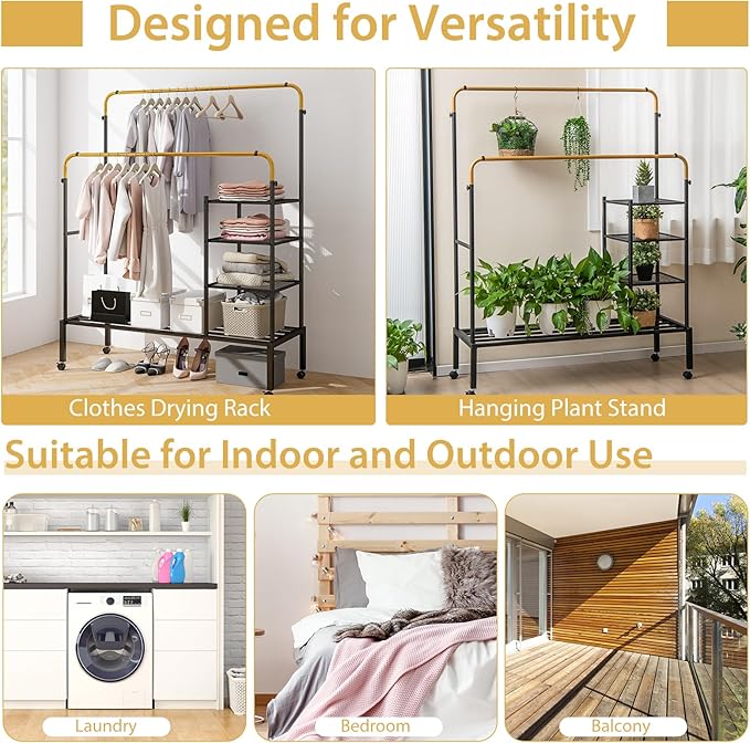 Tangkula Rolling Double Rods Garment Rack, Clothes Drying Rack with Height Adjustable Hanging Bars, Storage Shelves & Lockable Wheels, Heavy-duty Steel Clothing Rack for Indoor & Outdoor Use (Gold)