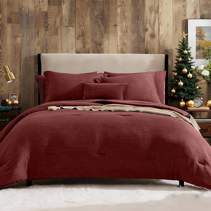 Geniospin Queen Comforter Set - 7 Pieces Comforter Queen Size, Solid Bedding Set for All Season, Dark Red Textured Bed in a Bag with Sheets