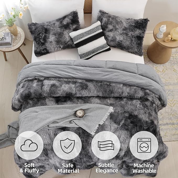 Smoofy Fluffy Full Size Comforter Set, Faux Fur Comforter Set, Luxury Fuzzy Bedding Set, Soft Shaggy Full Bed Set for All Season, 3 Pieces - 1 Comforter & 2 Pillowcases, Tie-Dye Grey