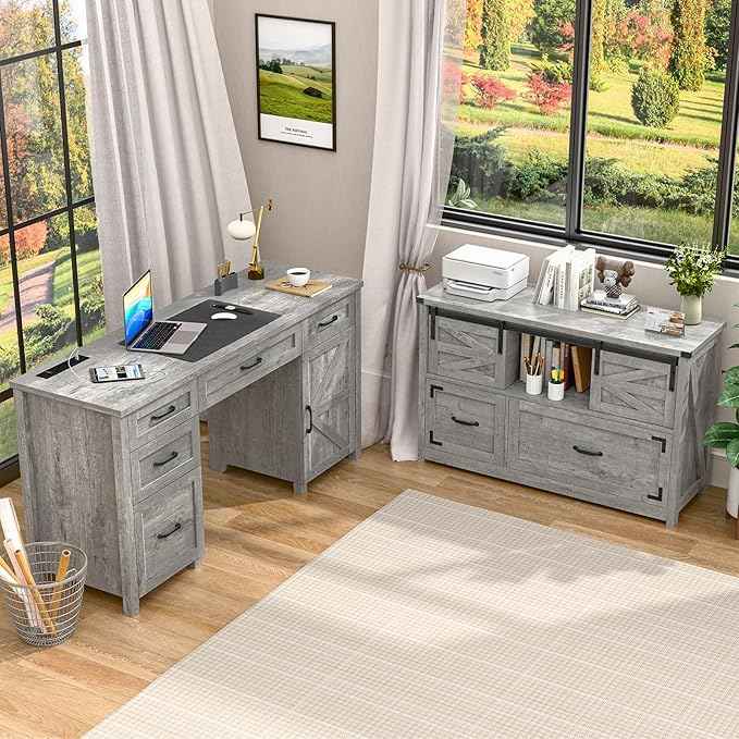 Vabches Lateral File Cabinets 2 Drawer with Sliding Barn Doors, Farmhouse Filing Cabinet with 2 Drawer for Home Office,Filing Organization Storage Cabinets for Hanging Files Letter/Legal/F4/A4