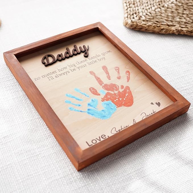 Best Dad Ever Hands Down Sign Handprint Frame with Paint DIY Gift for Father's Day Personalized Engraved Family Names Gifts From Daughter, Son, Kids Keepsake Birthday Gift for Dad, Stepdad, Grandpa