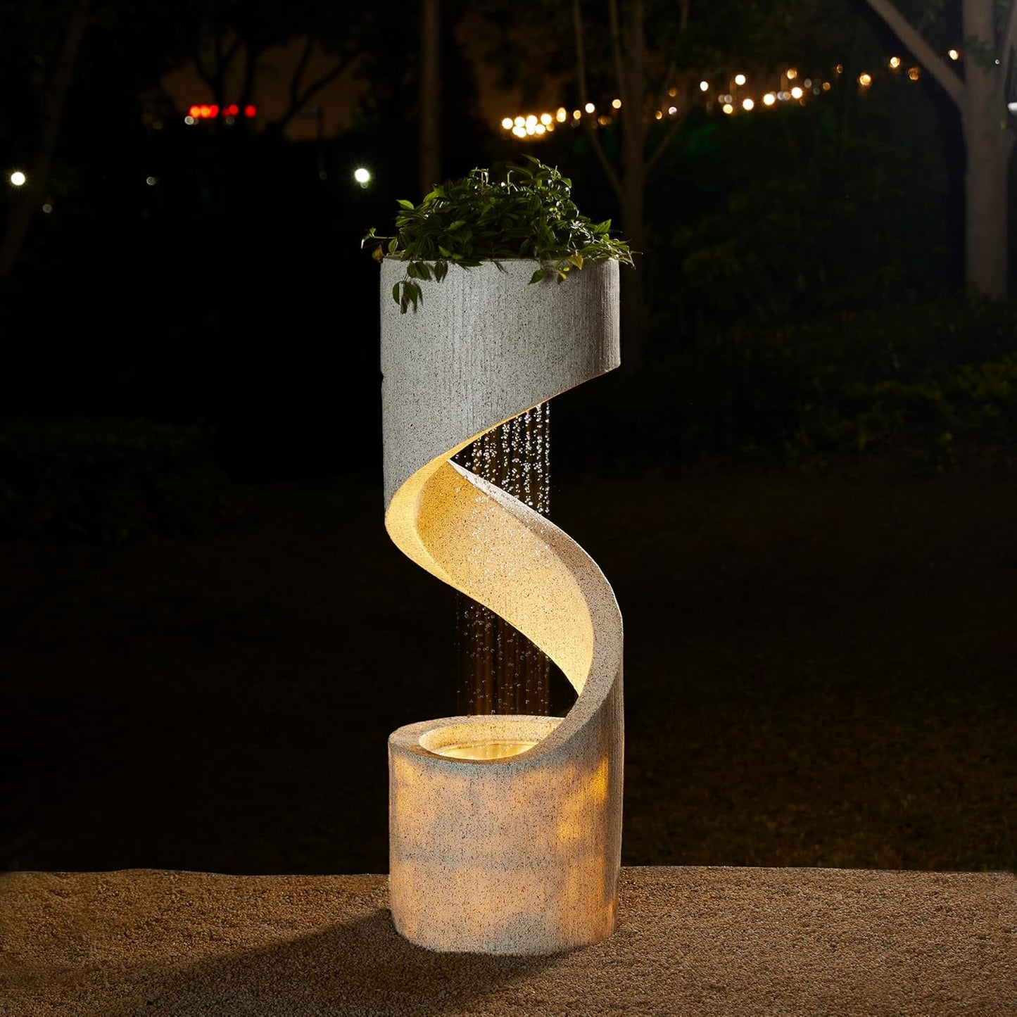 Glitzhome Decorative Tiered Outdoor Water Fountain with LED Light Vintage Curved Waterfall Fountain with Stone Planter Rustic Faux Terrazzo Spiral Shaped Fountains for Garden Patio Deck Porch, 40.25”H