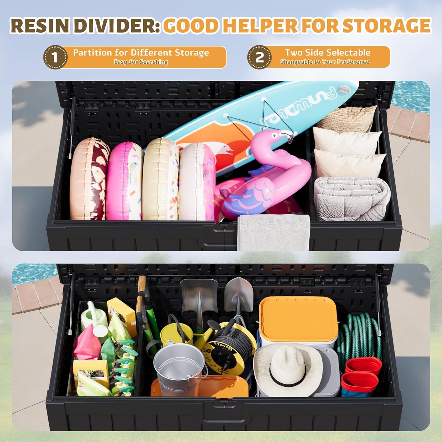 Flamaker Resin Deck Box 250 Gallon, Waterproof Imitation-Wood Lockable Storage Box with Separator Plate Outdoor Indoor, Garden, Patio Furniture for Tools&Pool Accessories (Black)