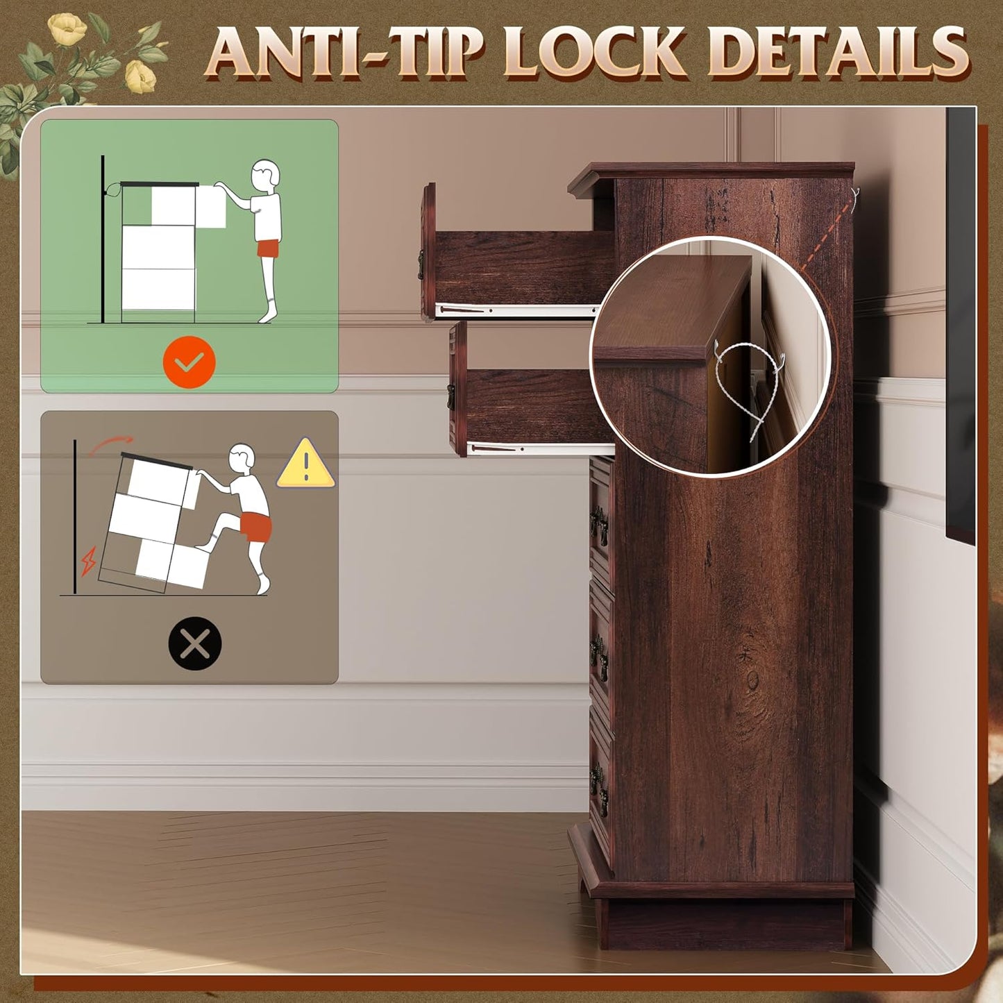 WLIVE Farmhouse Dresser for Bedroom, Tall Wood Dresser with 5 Drawer, Chest of Drawers with Roman Metal Handle for Living Room, Hallway, Closet, Brown