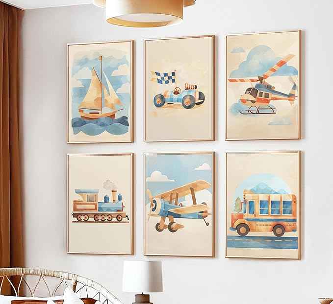 6Pcs Vintage Car Nursery Canvas Wall Art Watercolor Nursery Vehicle Airplane Ship Train Prints Pictures Blue Yellow Transportation Vehicle Painting Wall Decor for Children Room Home Unframed