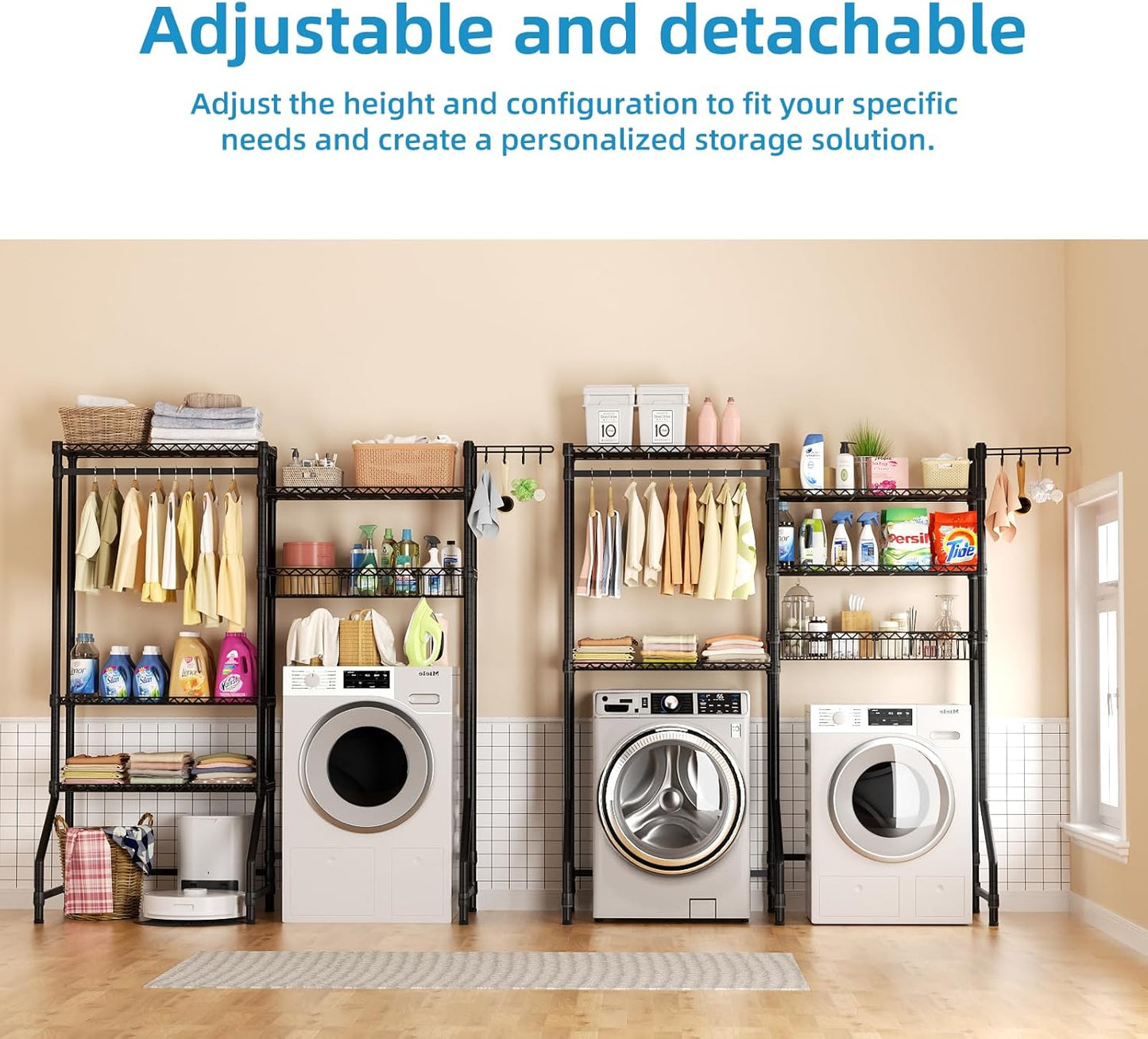 Over Washer and Dryer Shelves,Heavy Duty Laundry Room Storage Organization Clothes Drying Rack,5 Tier Adjustable Height Wire Shelving and Wire Basket with Hanger Rod&Hook,Space Saving Shelf