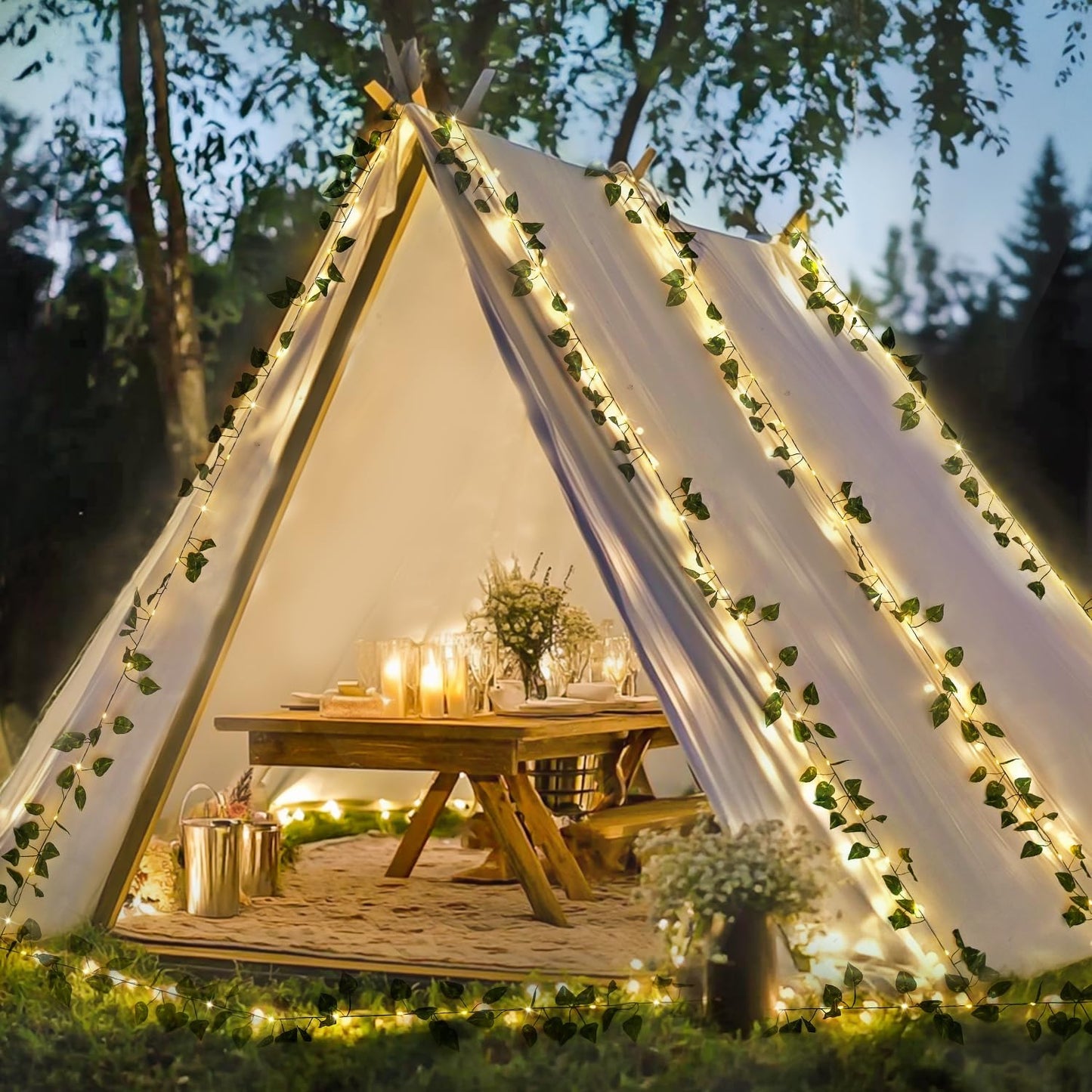 JMEXSUSS 33Ft Vines with Lights Battery Operated, 100 LED Pothos Leaf Vine Lights for Bedroom Wall Room Party Wedding Decoration (Warm White)