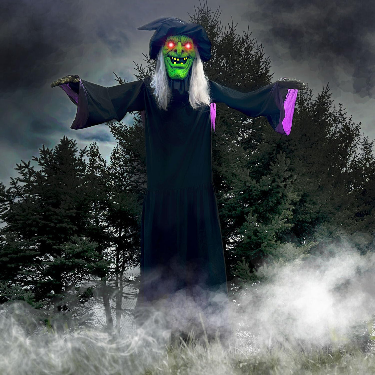 15.1 Ft. Mounted Flying Witch Animatronic with Lights (15ft Animated Towering Witch)