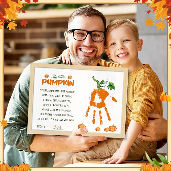 Thanksgiving My Little Pumpkin Poem Handprint Art Craft DIY Kit Thanksgiving DIY Gifts Fall Autumn Pumpkin Handprint Art Keepsake with Wood Frame for Mom Dad Friend Holiday Activities 12x16 Inch