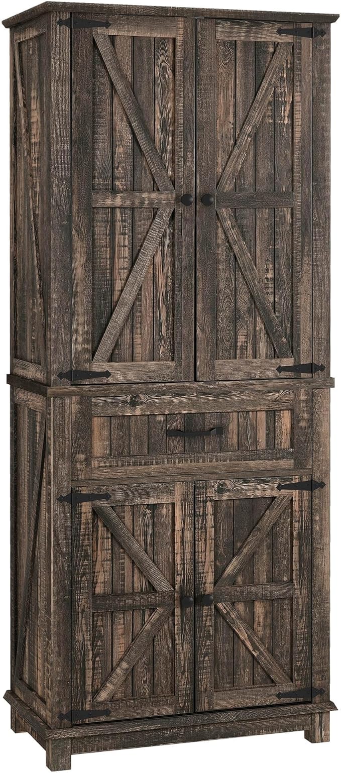 DWVO 72" Tall Farmhouse Pantry Cabinet, Kitchen Storage Pantry with Barn Doors & Drawer, Versatile Organizer with Adjustable Shelves, Rustic Cupboard for Dining Room, Living Room, Dark Rustic Oak