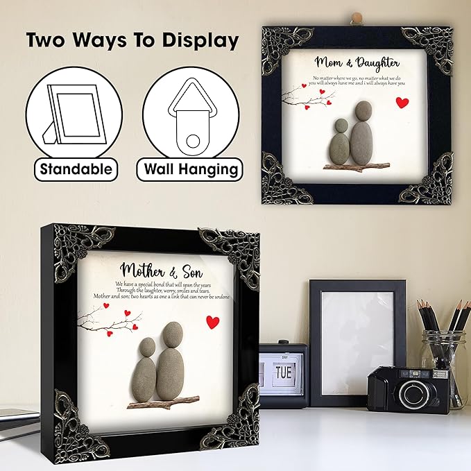 Mom Birthday Gifts from Son, 5.5" Pebble Art Frame Mother and Son Plaque, Mother Engraved Keychain for Women, Thank You Card, Best Mom Ever Gifts, Valentines Day Mothers Day Present S16-55