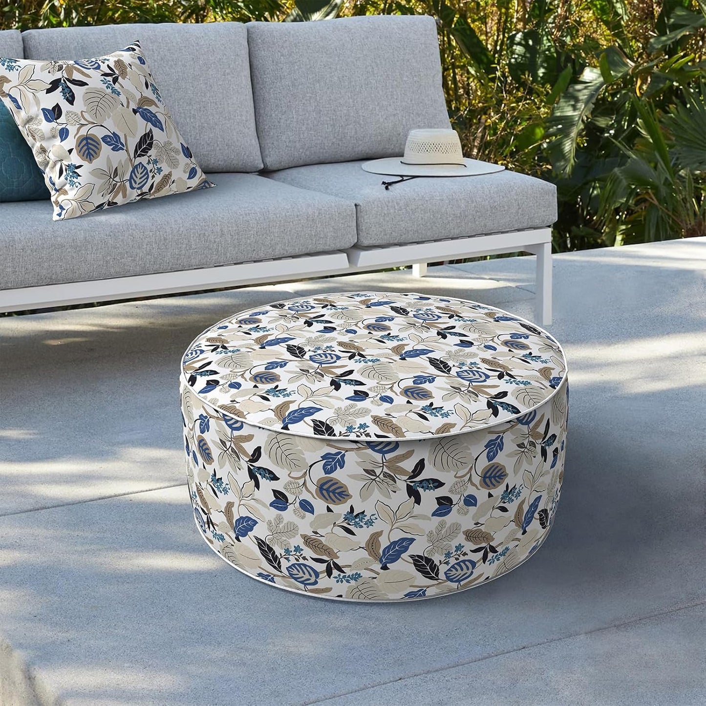 LVTXIII Indoor/Outdoor Inflatable Ottoman, D31 x H14 Inch Large Round Ottoman, All Weather Foot Rest Stool, Portable Footrest for Patio, Garden, Camping and Home - Breeze Leaves Beige
