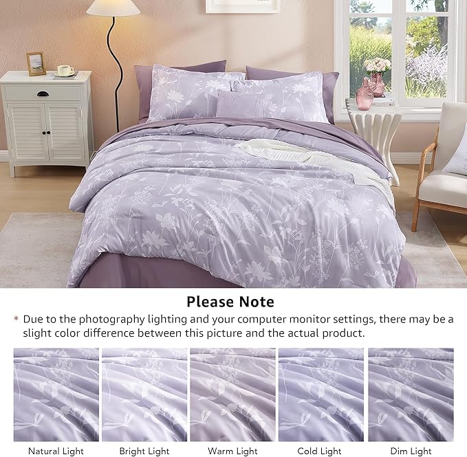 Full Comforter Set -7 Pieces Floral Purple Comforter Set for All Seasons, Bed in a Bag Full with Botanical Flowers Comforter, Sheets, Pillowcases & Shams