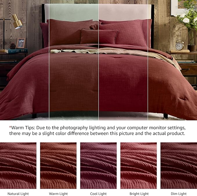Geniospin Full Comforter Set - 7 Pieces Comforter Full Size, Solid Bedding Set for All Season, Dark Red Textured Bed in a Bag with Sheets